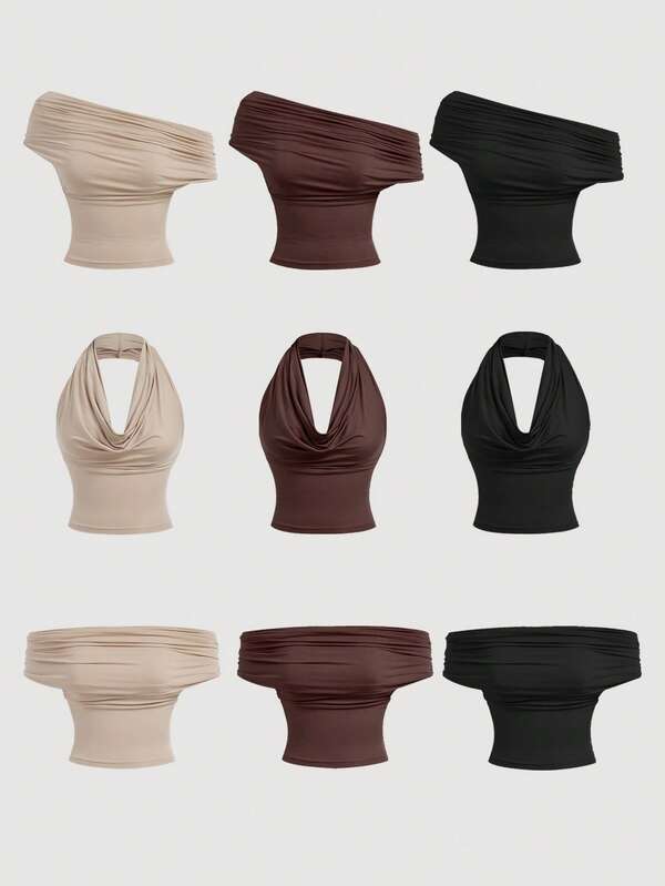 SHEIN MOD Top casual de mujer de ajuste ceñido de unicolor que se puede usar de 3 maneras para el verano: cuello de capucha, hombros descubiertos, tops estéticos para festivales, atuendos campestres, vacaciones en la playa, té, modesto, baile de graduación, tops lindos