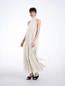 Aalyst 女士纯色高领无袖口袋褶皱连衣裙，春夏