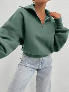 EURMUSE 100% Cotton Collar With Zipper Pattern Oversize Sweatshirt - Mint Green - View 3