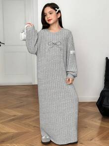 SHEIN Tween Girl Casual Loose Round Neck Bow Embroidered Knit Long Sleeve Dress, Relaxed Fit, Heather Gray, Autumn/Winter - Light Grey - View 4