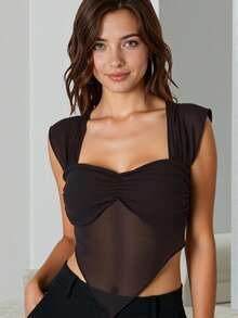 INAWLY Women's Solid Color Asymmetric Hem Short Chiffon Cami Top - Black - View 1