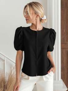 SHEIN Unity 女士纯色圆领短款泡泡袖休闲衬衫 - 黑色 - 查看 3