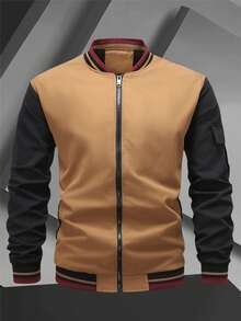 Manfinity Homme Men's Casual Contrast Color Patchwork Long Sleeve Jacket, Autumn Sports Jacket - Khaki - View 3