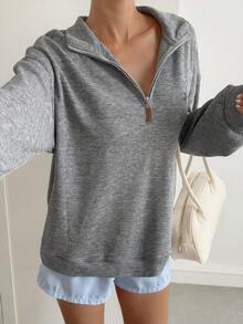 Livesso Sudadera de mujer con cuello alto, media cremallera, estampado de dibujos animados, estilo casual de negocios elegante de calle, forrada térmicamente para otoño/invierno - Gris - Ver 6