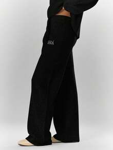 MUSERA Oversized Rib Knit Embroidered Detail Wide Leg Trousers Bottom Only Cosy Cute Casual Coffee Club Spring - Black - View 3