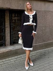 Pariaura 2pcs/Set French Romantic Lace Trim Regular Fit Women Sweater - Black - View 5