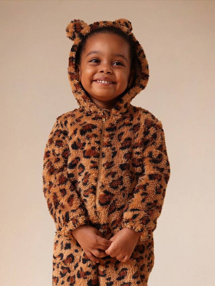 Leopard Print Hooded Jumpsuit With Ears