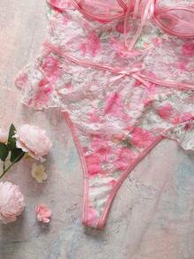 Plus Size Floral Lace Sexy Lingerie Bodysuit - Pink - View 8
