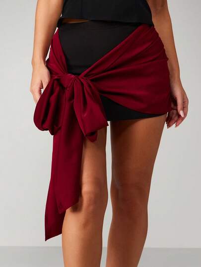 MISSGUIDED Christmas Satin Mini Skirt With Tie Detail Burgundy Party Club Evening Bodycon Wrap Style