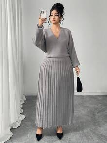 Modelyn Váy len cashmere dài tay xếp ly cổ chữ V màu trơn cỡ lớn thanh lịch - Màu xám đen - Xem 3