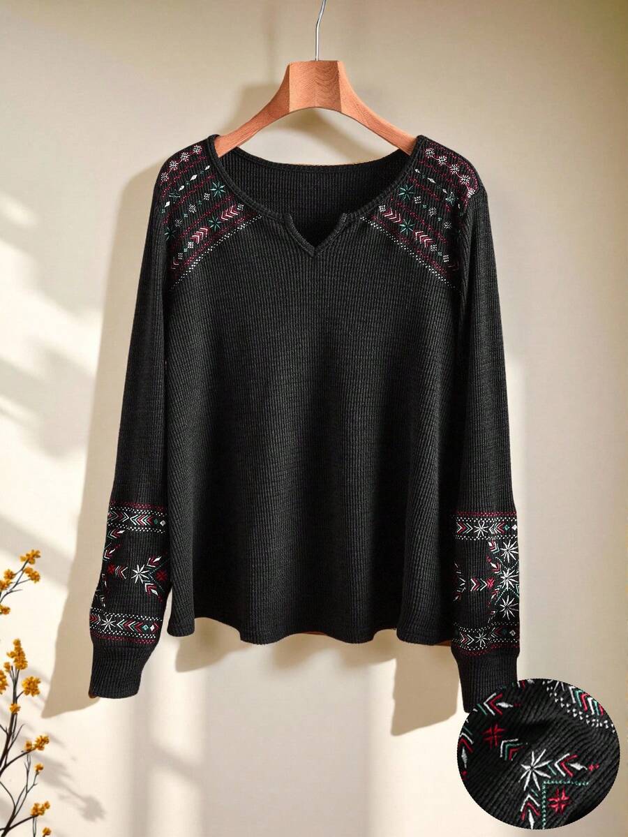 Rusticease 女式刺绣V领长袖休闲宽松T恤 - 彩色 - 查看 1