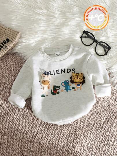 SHEIN Baby Boys Cute Animal Pattern Thermal Lined Crew Neck Sweatshirt, Comfortable Versatile Casual Basic Graphic Pullover Top, Suitable For Indoor, Outdoor, Daily Wear, Sports, Play, Party, Photography, Holidays In Autumn/Winter