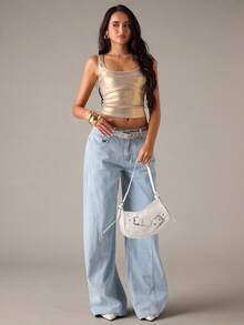 SHEIN BAE 女士秋冬金色Y2K金属质感修身露脐上衣，适合夜店、夜间派对、圣诞节、新年等场合穿着，金色闪亮上衣 - 金色 - 查看 7