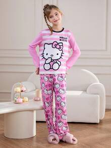 HELLO KITTY AND FRIENDS | SHEIN 2 件套少女可爱卡通小猫心形印花条纹拼色圆领长袖上衣和裤子睡衣套装 - 粉色 - 查看 3