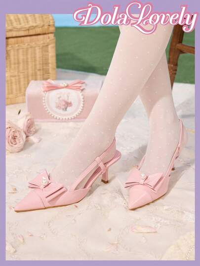Dola Lovely Fashionable Pearl Pink Bow Decor Women's High Heel Shoes, Comfortable Versatile Formal Wear For Wedding & Banquet