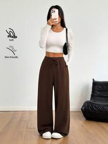 SHEIN PETITE 女士透气阔腿裤，莱赛尔纤维和天丝亚麻混纺面料。秋冬百搭基本款。 - 咖啡棕 - 查看 7