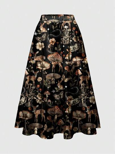 Grunge Punk Jupe mini superposée imprimée de cerfs, de champignons, de soleils et de lunes dans un style bohème foncé pour femmes