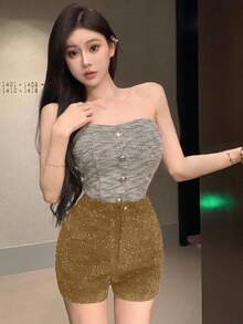 DAZY 女士纯色高腰亮片紧身短裤新年嘉年华女装 - 棕色 - 查看 3