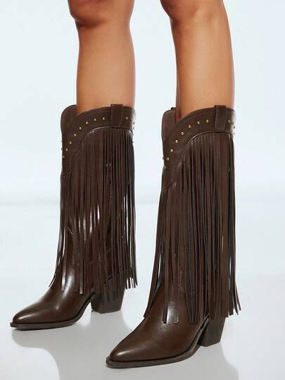 SHUZIA 女士舒适杏仁头粗跟西部流苏靴