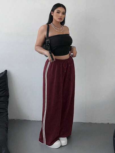 Flirla 大码女式休闲裤，侧面撞色条纹