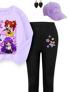 Cozy Fall & Winter Styles, Young Girl Casual Fashion Creative Personalized Fresh Cundy Virtual Girl Group Character Glitter Pentagram Logo Letter Graphic Print Relaxed Crew Neck Sweatshirt And Flared Pants Set, Comfortable Outfit - Multicolor - View 4