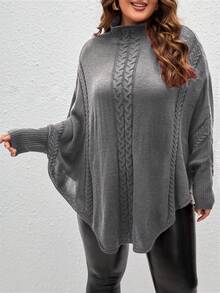 SHEIN LUNE 大码高领纯色斗篷式长袖毛衣 - 深灰色 - 查看 4