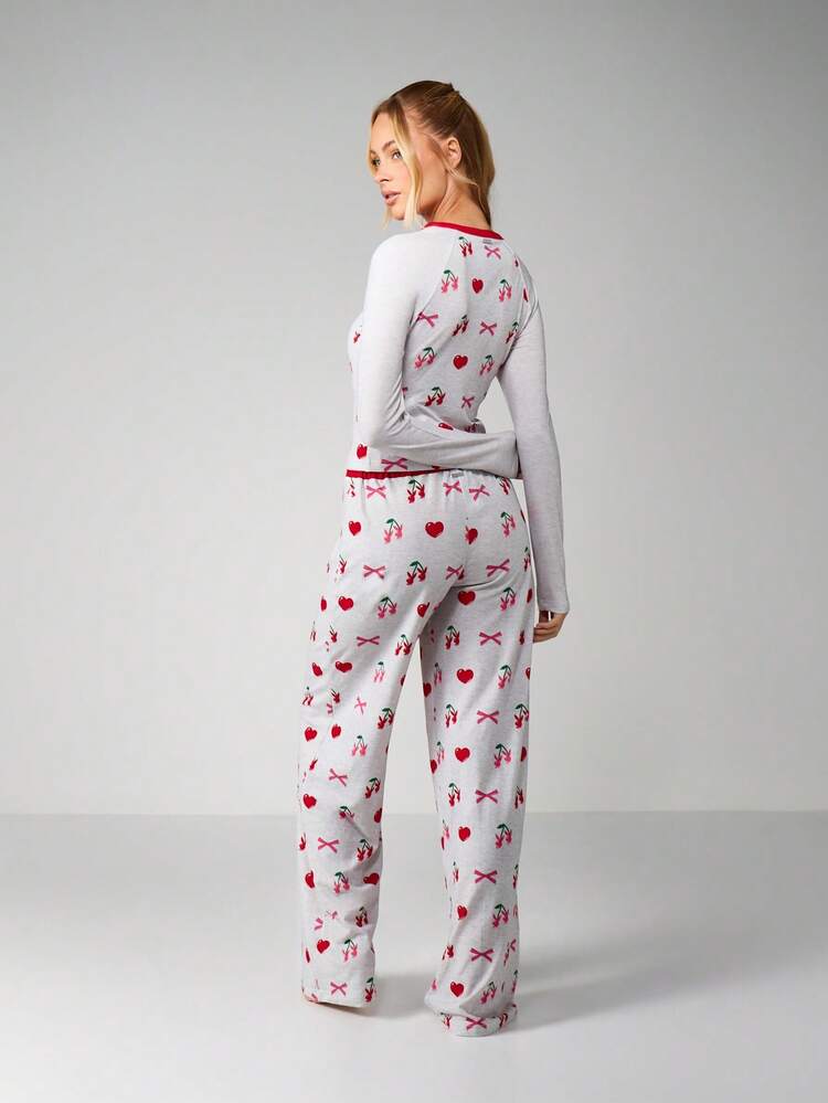 Missguided x Playboy Christmas Cherry Print Pajama Set With Long Sleeves