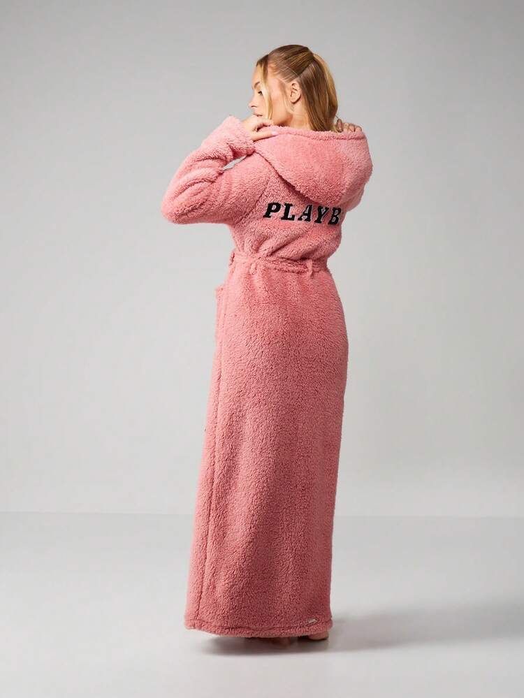 Missguided x Playboy Christmas Fluffy Hooded Bathrobe With Logo Pockets