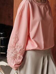 Uhlyne 女式花卉串珠亮片装饰宽松圆领长袖运动衫，秋冬 - 粉色 - 查看 8