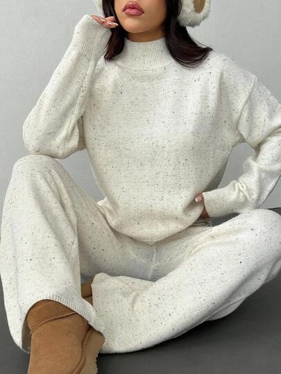 SHEIN PETITE Conjunto de 2 piezas de suéter holgado de punto minimalista y cómodo, y pantalones casuales de cintura alta elástica para mujer, otoño/invierno