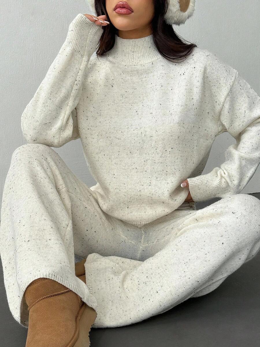 SHEIN PETITE 女士休闲舒适简约时尚宽松针织毛衣和高腰弹力休闲裤两件套，秋冬 - 杏色 - 查看 1