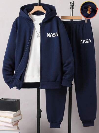SHEIN 2pcs/Set Teen Boy Casual Letter Print Hoodie And Sweatpants Set, Autumn/Winter