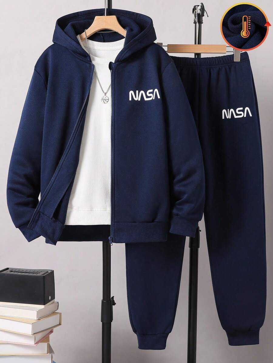 SHEIN 2件套青少年男孩休闲字母印花连帽衫和运动裤套装，秋冬 - 藍色 - 查看 1