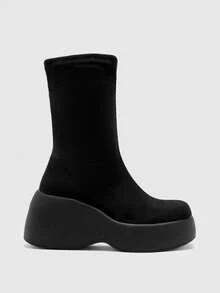 CUCCOO BIZCHIC Giày bốt tất nữ màu đen co giãn, thời trang thu đông, đế dày, gót nêm, chất liệu da lộn, bốt cao đến giữa bắp chân, co giãn thoải mái, đa năng cho cả đi làm và đi chơi, màu đen - màu đen - Xem 2