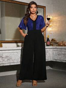 SHEIN Clasi Bộ đồ liền thân tay ngắn cổ chữ V phối ren kim loại cỡ lớn dành cho nữ, dự tiệc - Nhiều màu - Xem 4