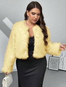 SHEIN Privé 秋冬大码女式仿皮草无领夹克 - 鵝黃色 - 查看 10