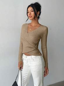 Elenzga Women's Elegant Fitted Criss-Cross Wrap Element Minimalist Classic Ribbed Texture Solid Color Sweater - Brown - View 4