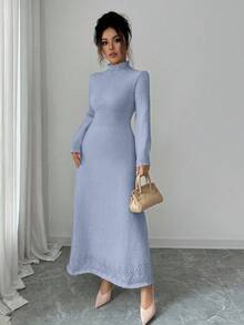 Elenzga Women's Solid Color Turtleneck Unique Design Fitted Waist Elegant Casual Long Sleeve Maxi Knit Sweater Dress, Suitable For Autumn/Winter - Blue - View 4