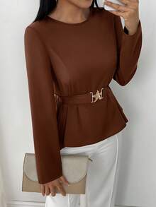 Xyvia 女士优雅衬衫，秋季金属亮片 3D 星星装饰长袖棕色上衣，舒适女士秋冬服装，日常通勤圆领荷叶边下摆秋冬 T 恤，前系带 - 咖啡棕 - 查看 2