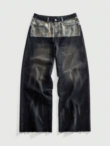 ROMWE MEN Street Life 男士宽松迷彩拼布牛仔裤 - 黑色 - 查看 1