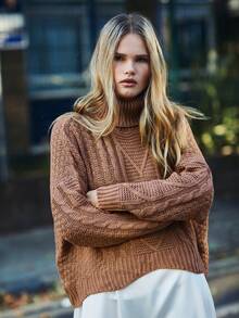 SHEIN Essnce Mixed Knit Asymmetrical Hem Jumper - Camel - View 2