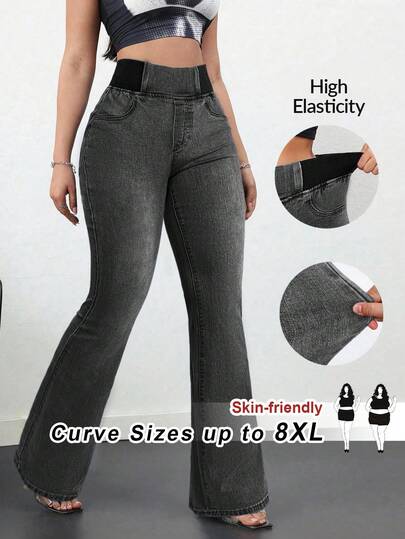 SHEIN CURVE+ 大码女式休闲日常通勤百搭松紧腰喇叭裤牛仔裤