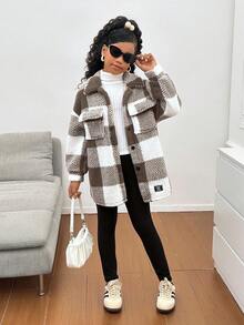 SHEIN Tween Girl Casual Plaid Reversible Fleece Warm Mid-Length Jacket, Long Sleeve Knit Top And Leggings Tween Girl Winter Outfits Girls - Khaki - View 1