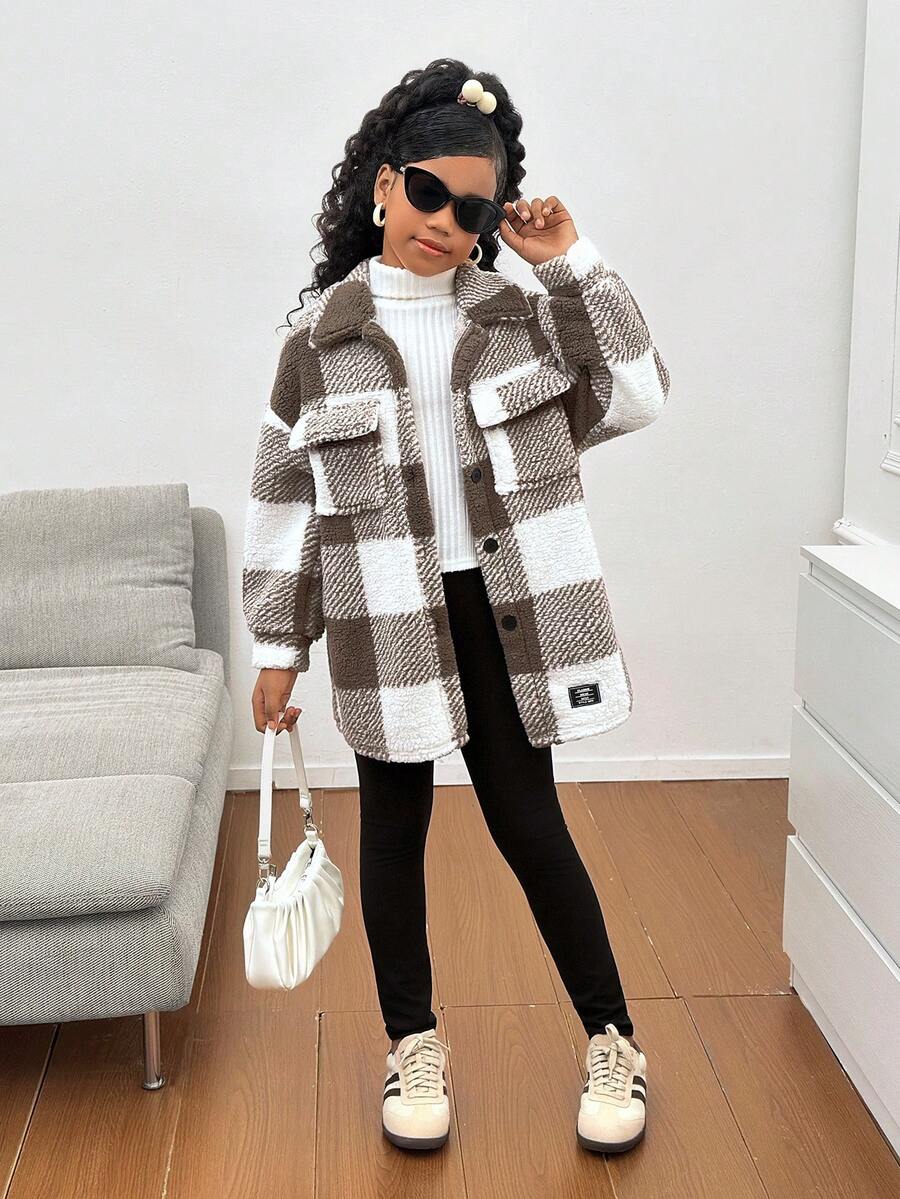SHEIN Tween Girl Casual Plaid Reversible Fleece Warm Mid-Length Jacket, Long Sleeve Knit Top And Leggings Tween Girl Winter Outfits Girls - Khaki - View 1