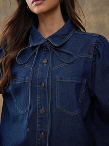 WESTFADE Neck Tie Long Puff Sleeve Western Seamed Relaxed Fit Cotton Blend Denim Collared Button Up Shirt Cute Fall Top, Autumn, Winter, Casual, Boho, Country Music Concert, Western Wear