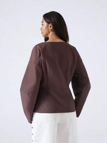 LYSMO 女士纯色束腰衬衫，适合通勤 - 咖啡棕 - 查看 2