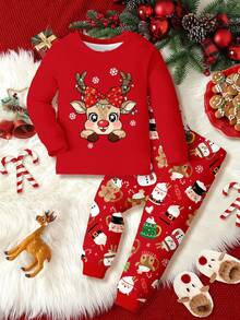SHEIN Bộ đồ ngủ tay dài mềm mại ấm áp, họa tiết bông tuyết, hình ông già Noel, nơ dễ thương, tuần lộc, người tuyết, bánh gừng hoạt hình, phù hợp mặc ở nhà mùa thu/đông, vừa vặn - Nhiều màu - Xem 3