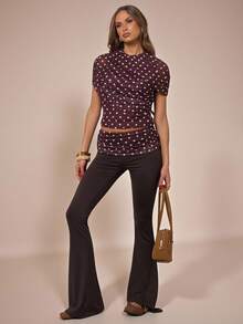 SHEIN BAE Women's Autumn And Winter Brown Exquisite Casual Polka Dot Print Pleated Slim Short-Sleeved Top, Brunch Top, Going Out Top, Polka Dot Top, Brown Top - Coffee Brown - View 8
