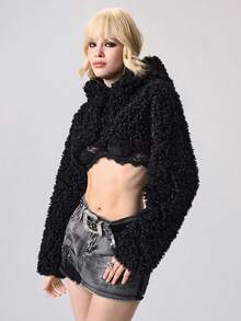 ROMWE Goth Chaqueta regular con capucha de manga larga y unicolor, de felpa, para otoño/invierno - Negro - Ver 4