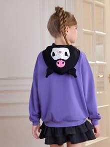 HELLO KITTY AND FRIENDS | SHEIN 少女可爱简约卡通图案落肩3D耳朵卫衣，休闲日常穿着，紫色